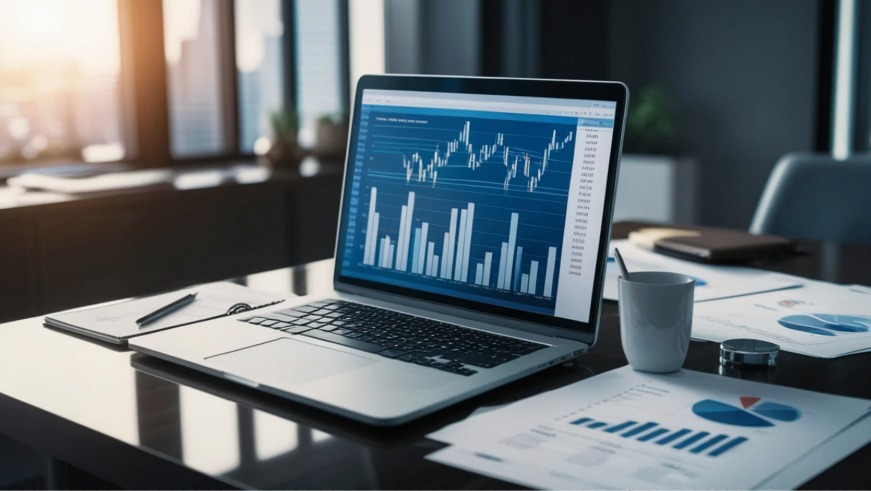 Notebook aberto com gráficos de investimentos, representando a segurança financeira proporcionada pelos serviços da LinQ Investimentos
